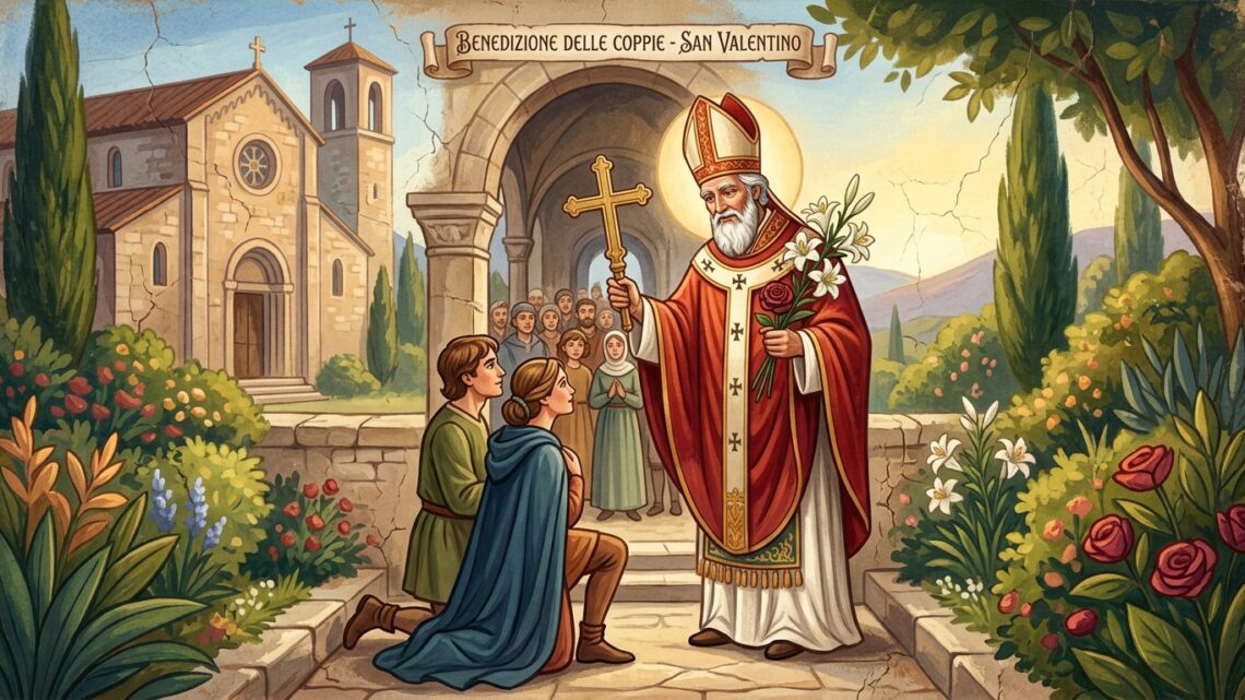 Raffigurazione artistica di San Valentino da Terni mentre benedice una giovane coppia kneeling nel giardino dell'episcopato