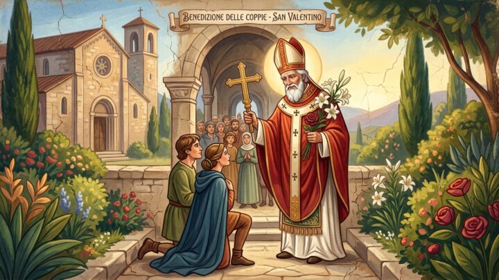 Raffigurazione artistica di San Valentino da Terni mentre benedice una giovane coppia kneeling nel giardino dell'episcopato