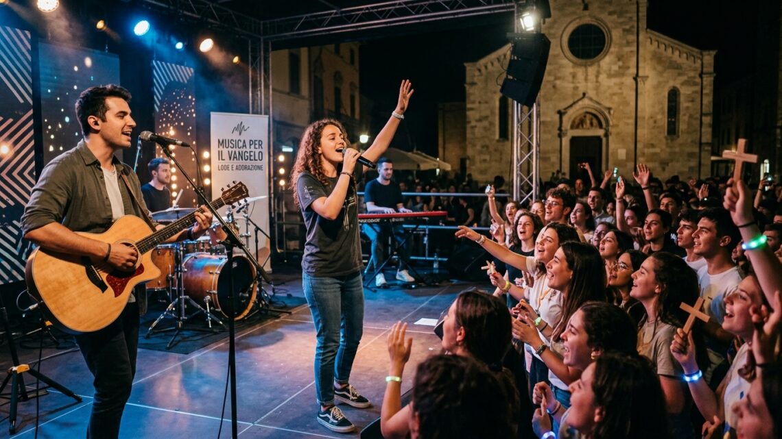 Concerto di musica cristiana contemporanea con ragazzi che cantano e suonano la chitarra per annunciare il Vangelo